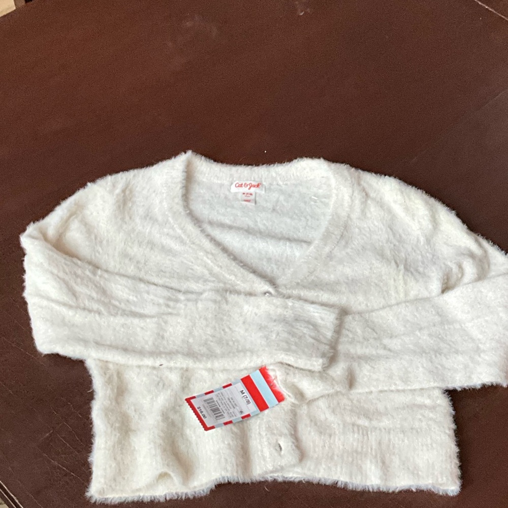 Cat & Jack Fuzzy White Cardigan with jeweled buttons